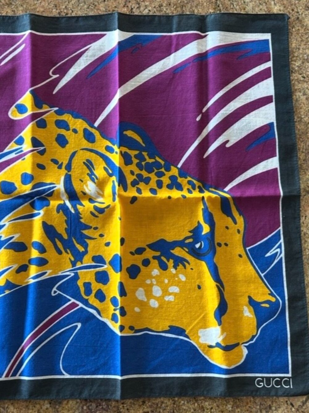 Vintage Gucci 1970's Cheetah Pattern Cotton Pocket Square Handkerchief Italy